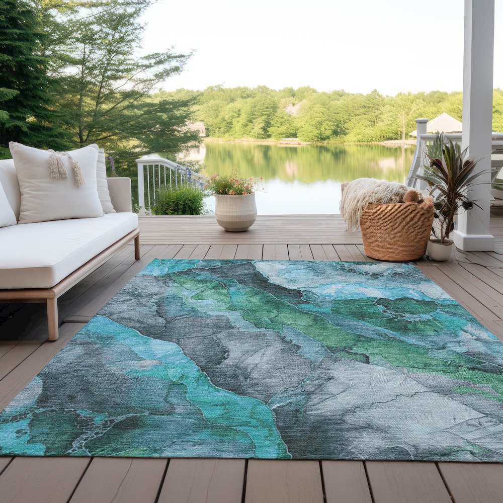 Machine Washable Indoor/Outdoor Chantille Teal 2'6" x 3'10" Rug. Picture 7