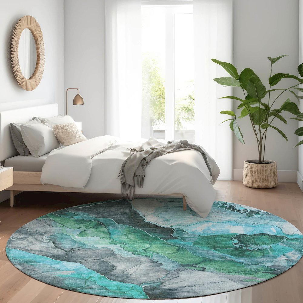 Machine Washable Indoor/Outdoor Chantille Teal 8' x 8' Round Rug. Picture 5