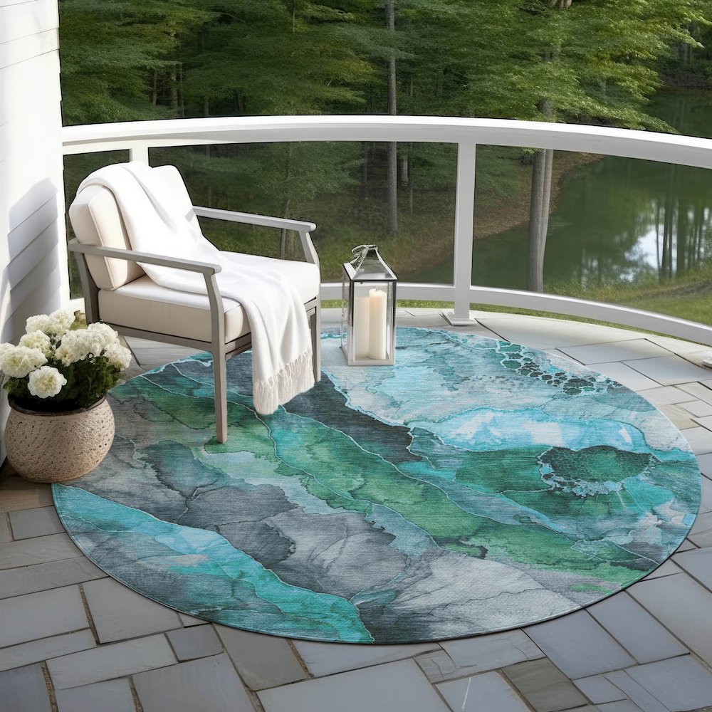 Machine Washable Indoor/Outdoor Chantille Teal 8' x 8' Round Rug. Picture 6