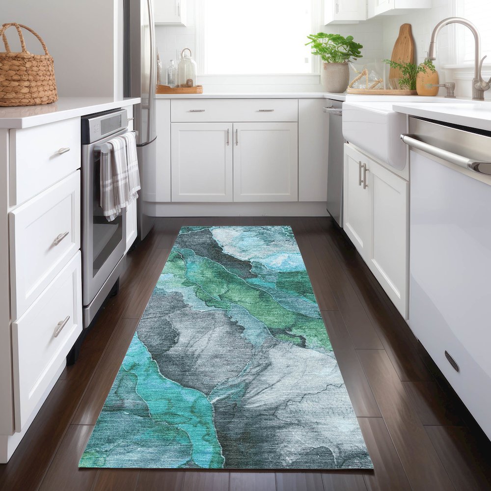 Machine Washable Indoor/Outdoor Chantille Teal 2'3" x 7'6" Runner Rug. Picture 5