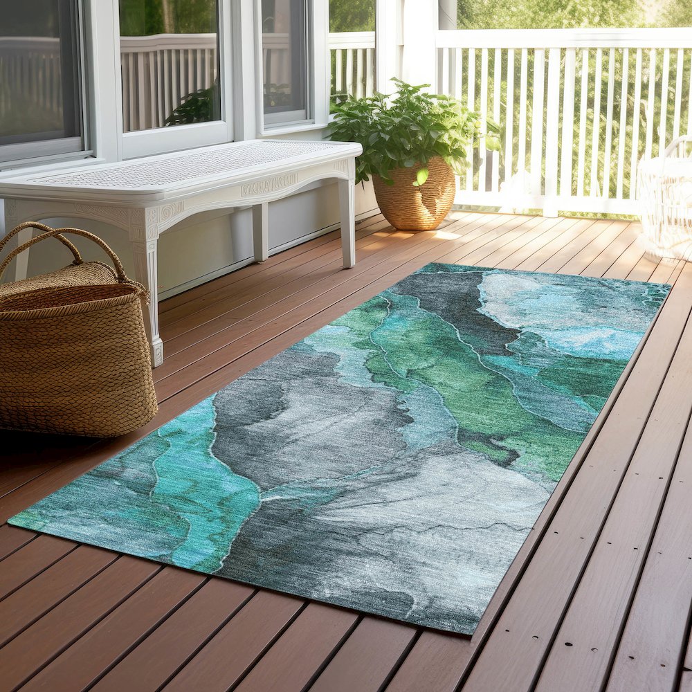 Machine Washable Indoor/Outdoor Chantille Teal 2'3" x 7'6" Runner Rug. Picture 6