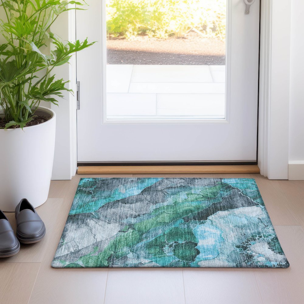 Machine Washable Indoor/Outdoor Chantille Teal 1'8" x 2'6" Rug. Picture 5