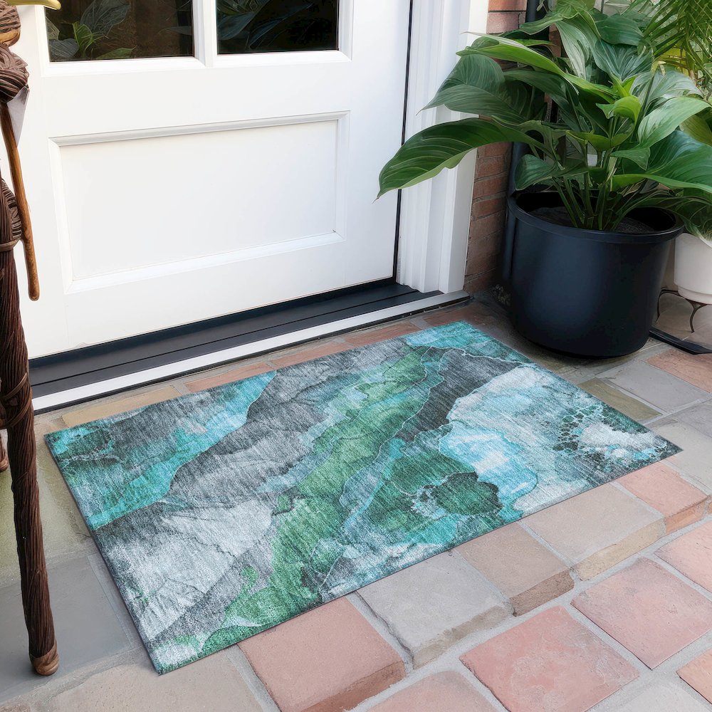 Machine Washable Indoor/Outdoor Chantille Teal 1'8" x 2'6" Rug. Picture 6