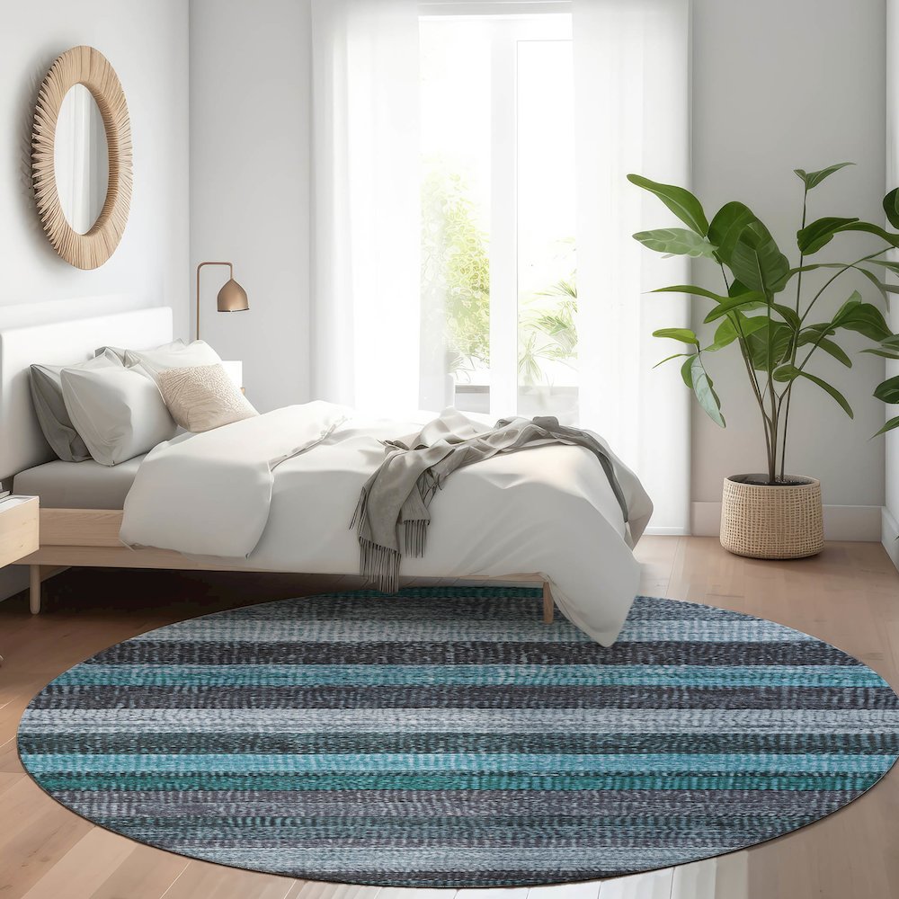 Machine Washable Indoor/Outdoor Chantille Teal 8' x 8' Round Rug. Picture 5