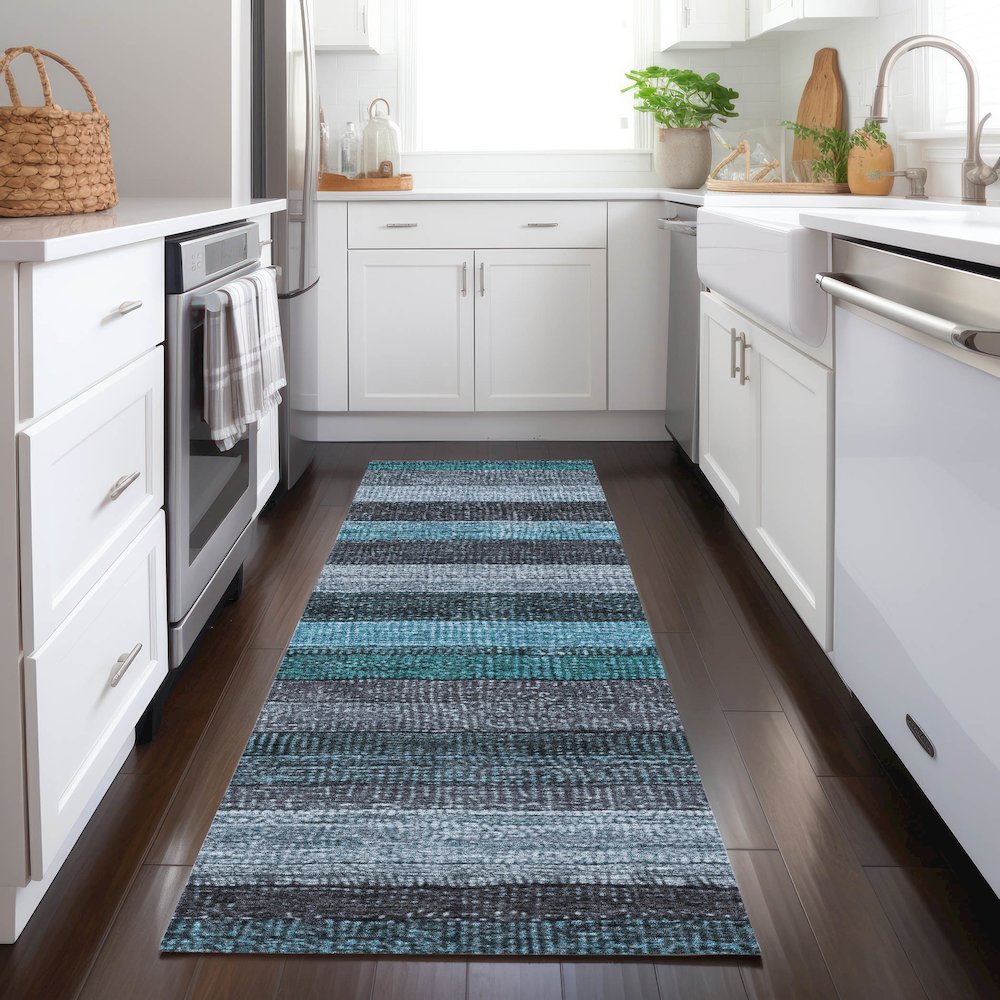 Machine Washable Indoor/Outdoor Chantille Teal 2'3" x 7'6" Runner Rug. Picture 5