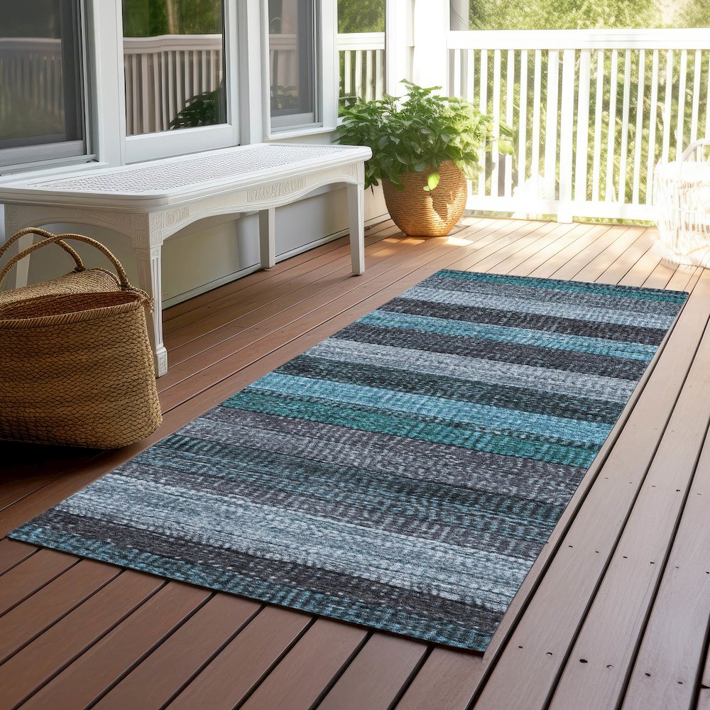 Machine Washable Indoor/Outdoor Chantille Teal 2'3" x 7'6" Runner Rug. Picture 6