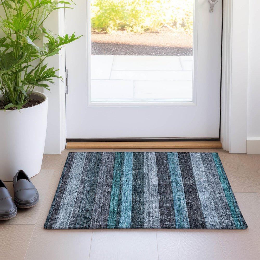 Machine Washable Indoor/Outdoor Chantille Teal 1'8" x 2'6" Rug. Picture 5
