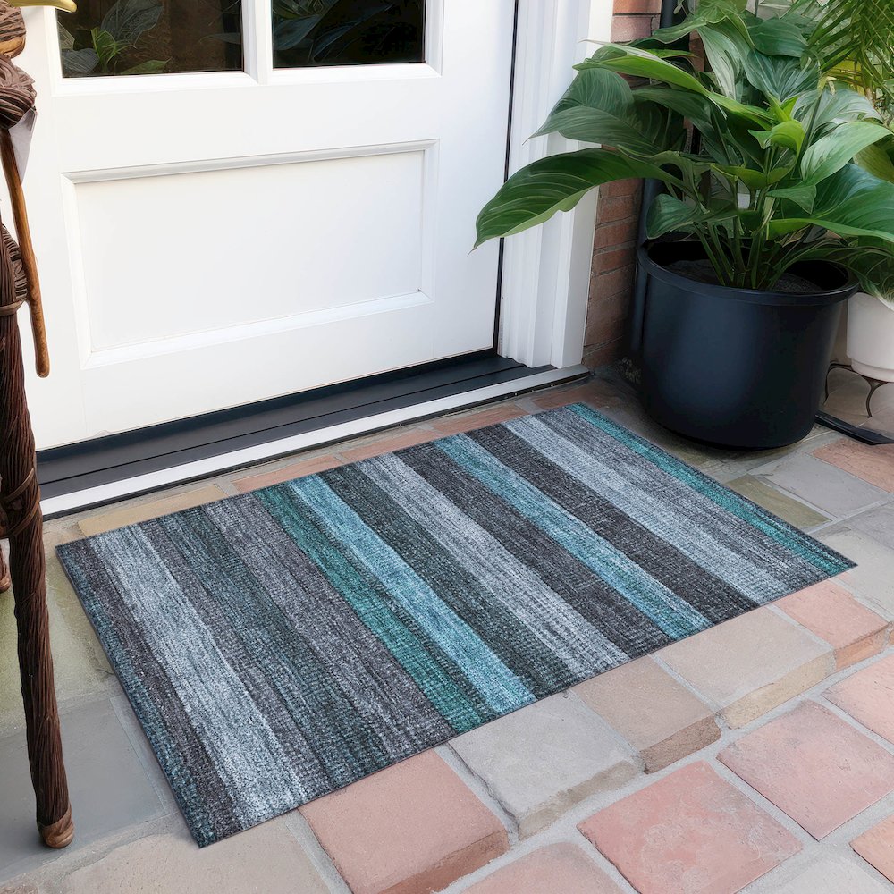 Machine Washable Indoor/Outdoor Chantille Teal 1'8" x 2'6" Rug. Picture 6