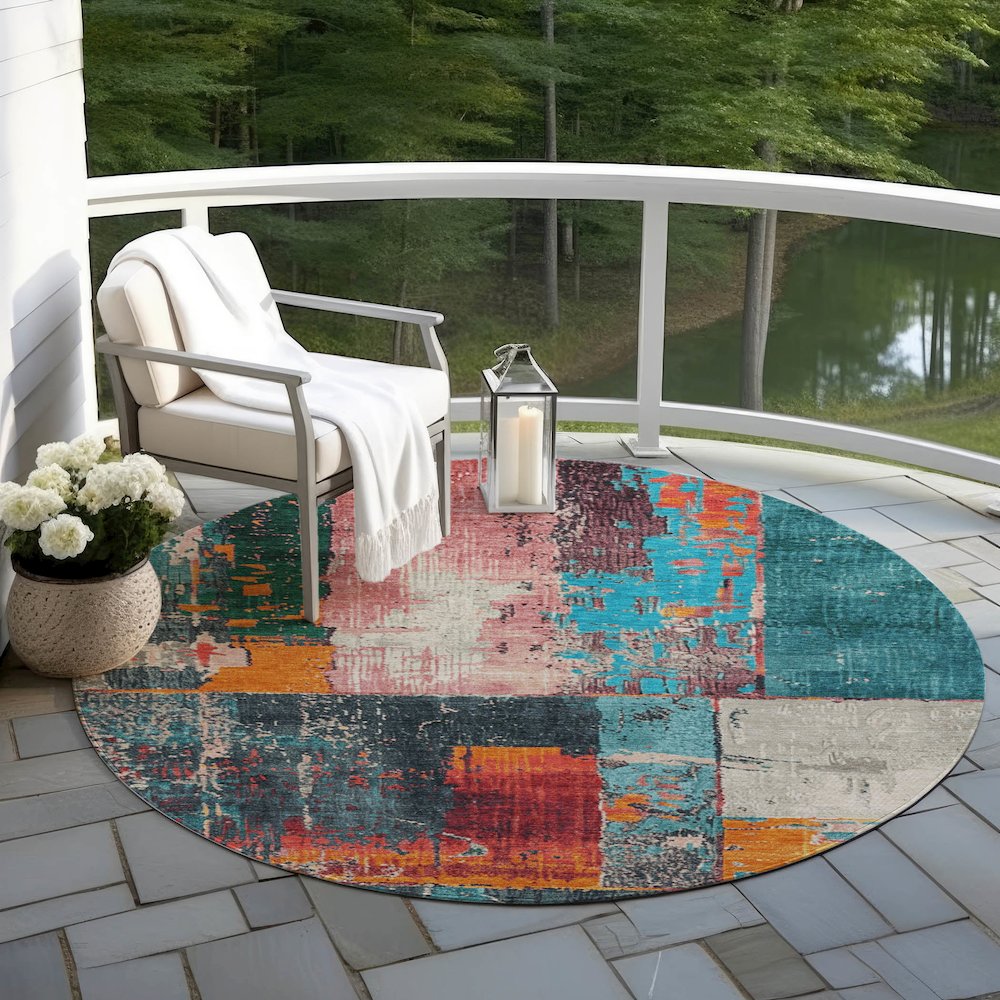 Machine Washable Indoor/Outdoor Chantille Teal 8' x 8' Round Rug. Picture 6