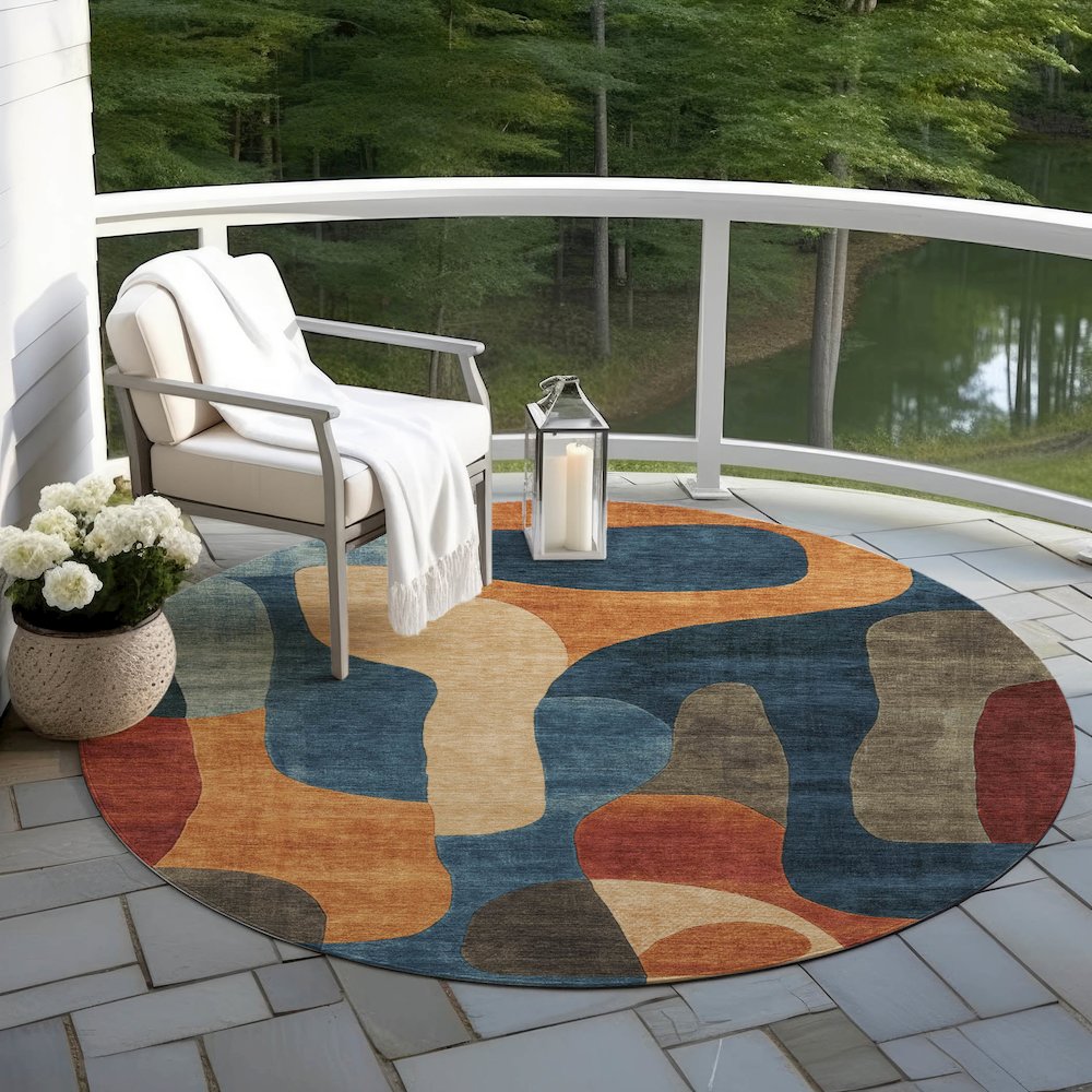 Machine Washable Indoor/Outdoor Chantille Navy 8' x 8' Round Rug. Picture 6