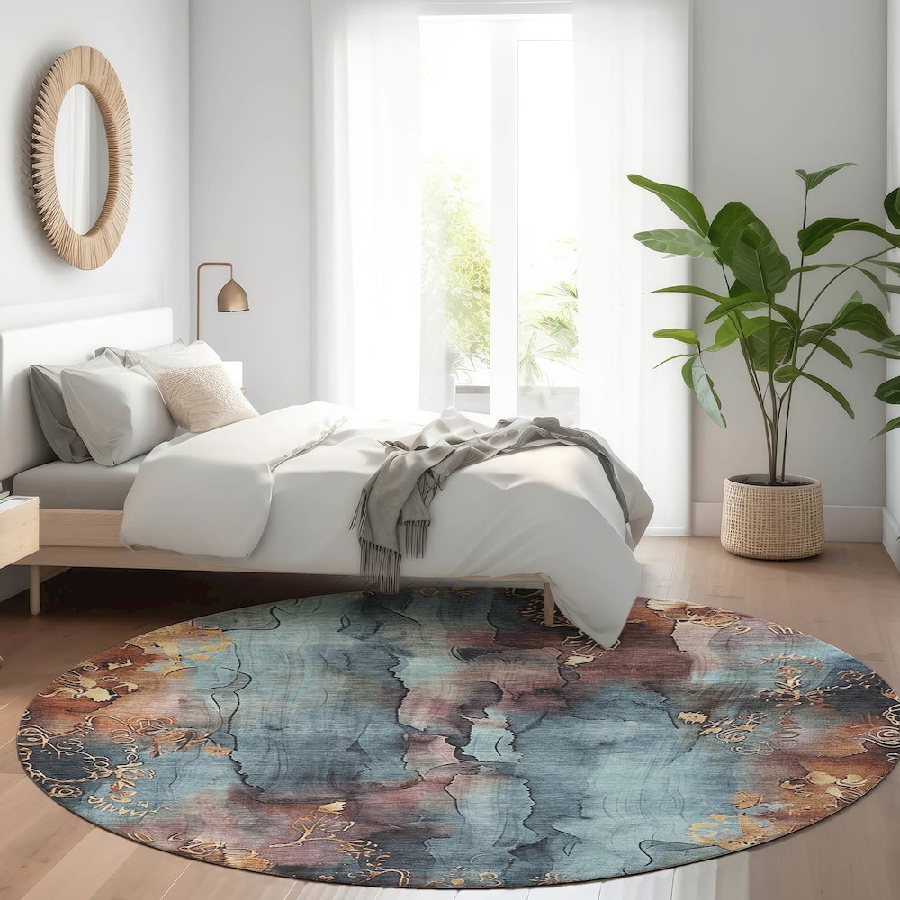 Machine Washable Indoor/Outdoor Chantille Blue 8' x 8' Round Rug. Picture 5