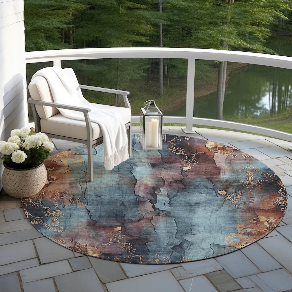 Machine Washable Indoor/Outdoor Chantille Blue 8' x 8' Round Rug. Picture 6