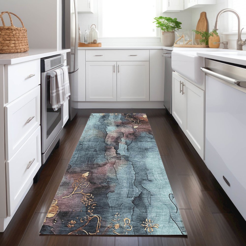 Machine Washable Indoor/Outdoor Chantille Blue 2'3" x 7'6" Runner Rug. Picture 5