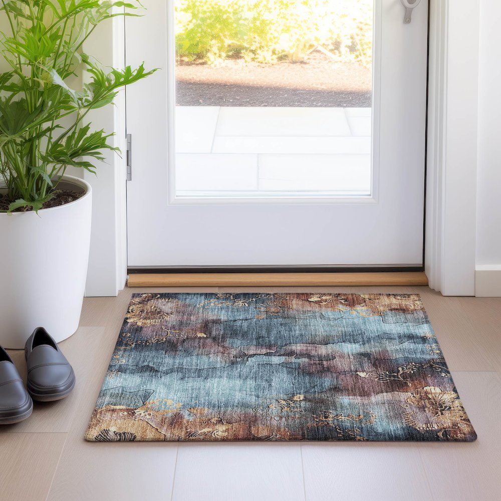 Machine Washable Indoor/Outdoor Chantille Blue 1'8" x 2'6" Rug. Picture 5