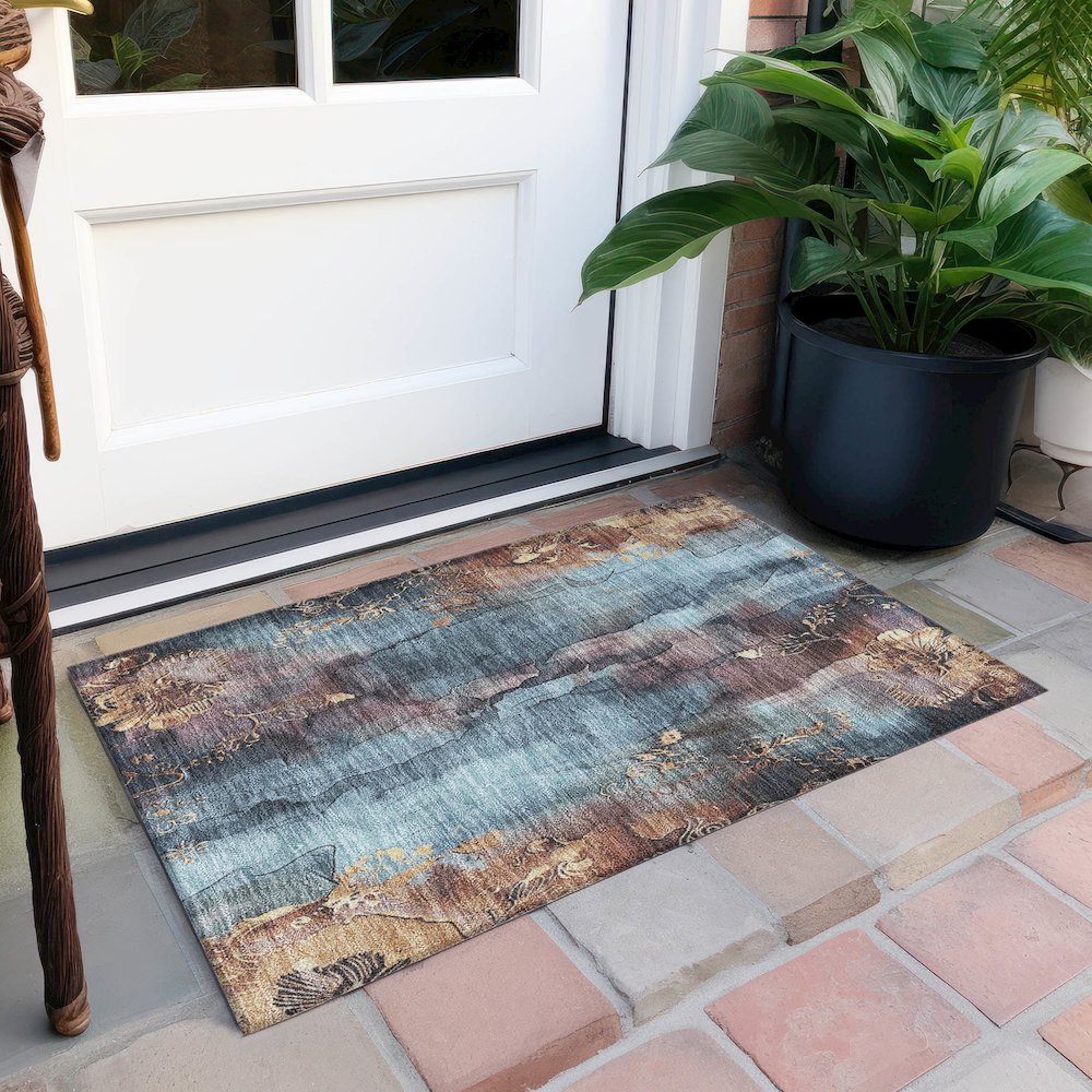 Machine Washable Indoor/Outdoor Chantille Blue 1'8" x 2'6" Rug. Picture 6