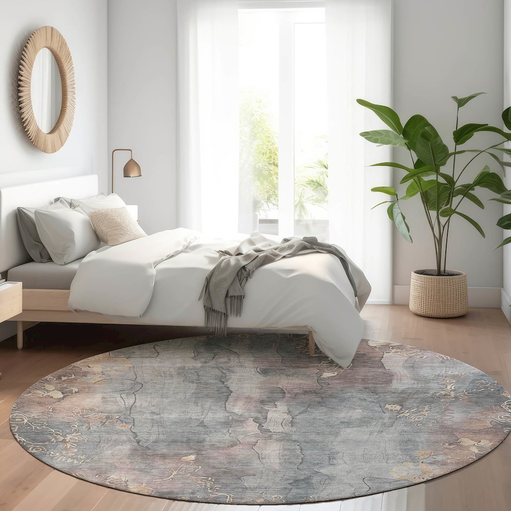 Machine Washable Indoor/Outdoor Chantille Gray 8' x 8' Round Rug. Picture 5