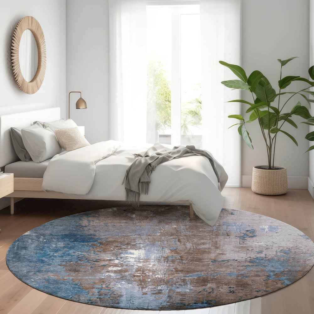 Machine Washable Indoor/Outdoor Chantille Brown 8' x 8' Round Rug. Picture 5