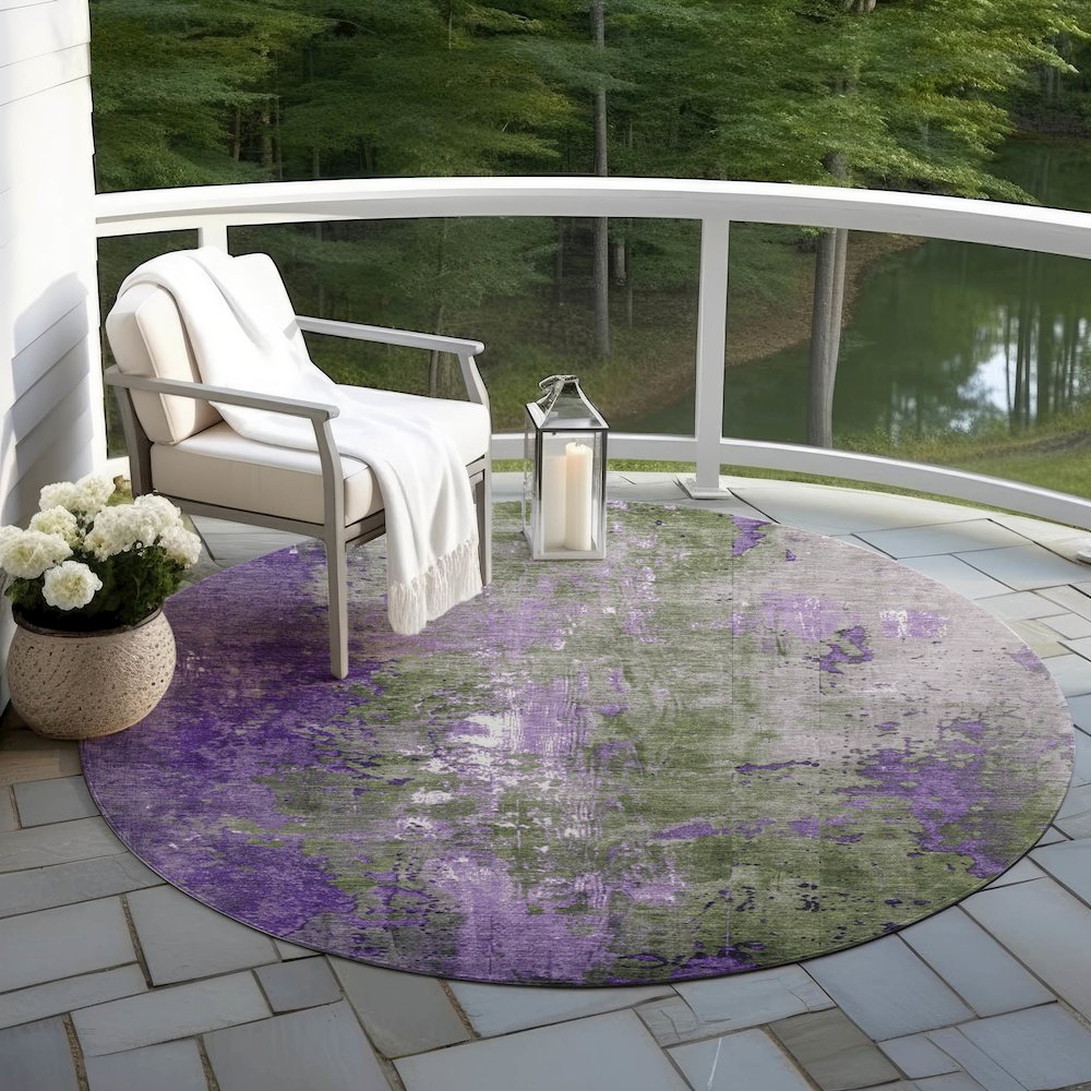 Machine Washable Indoor/Outdoor Chantille Olive 8' x 8' Round Rug. Picture 6