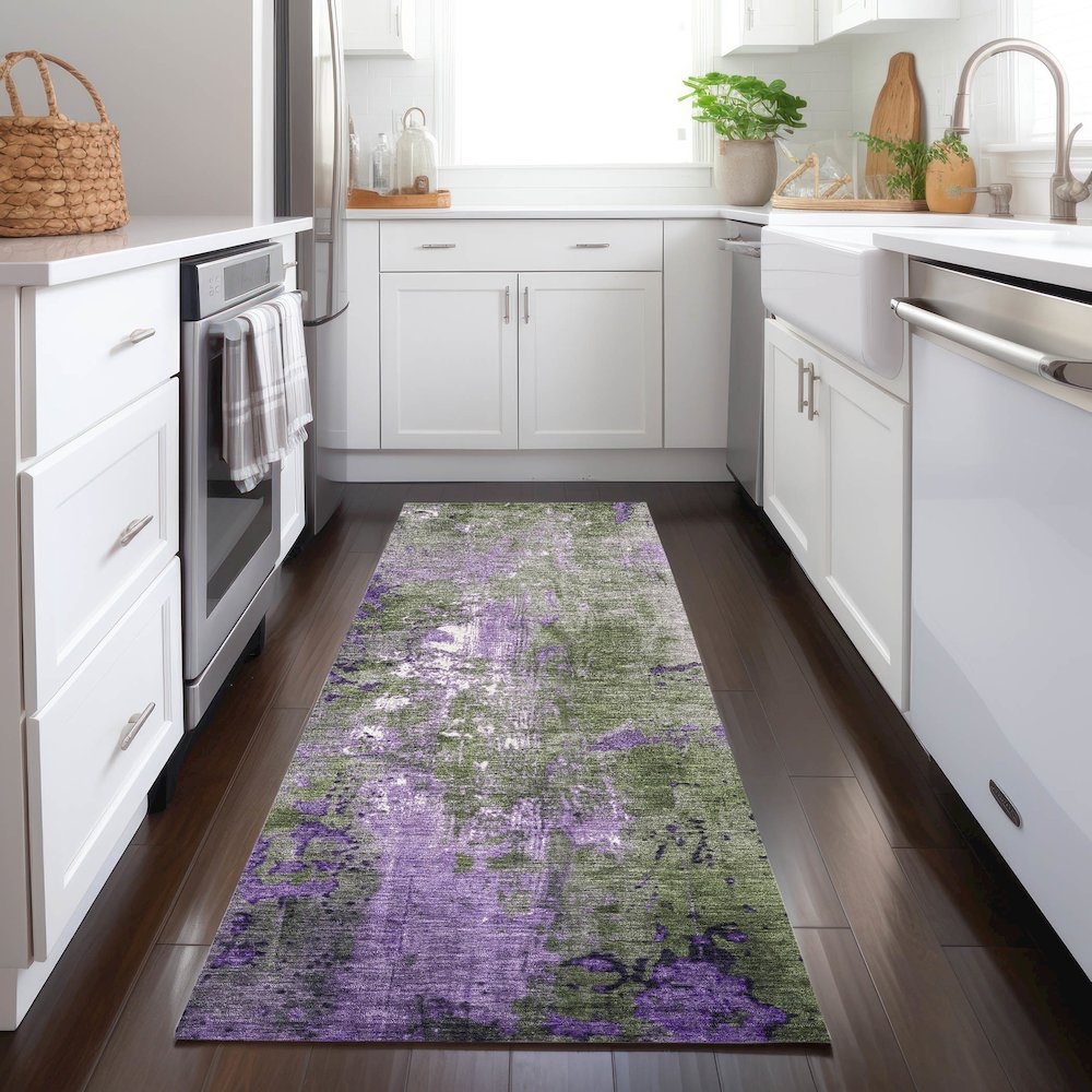 Machine Washable Indoor/Outdoor Chantille Olive 2'3" x 7'6" Runner Rug. Picture 5