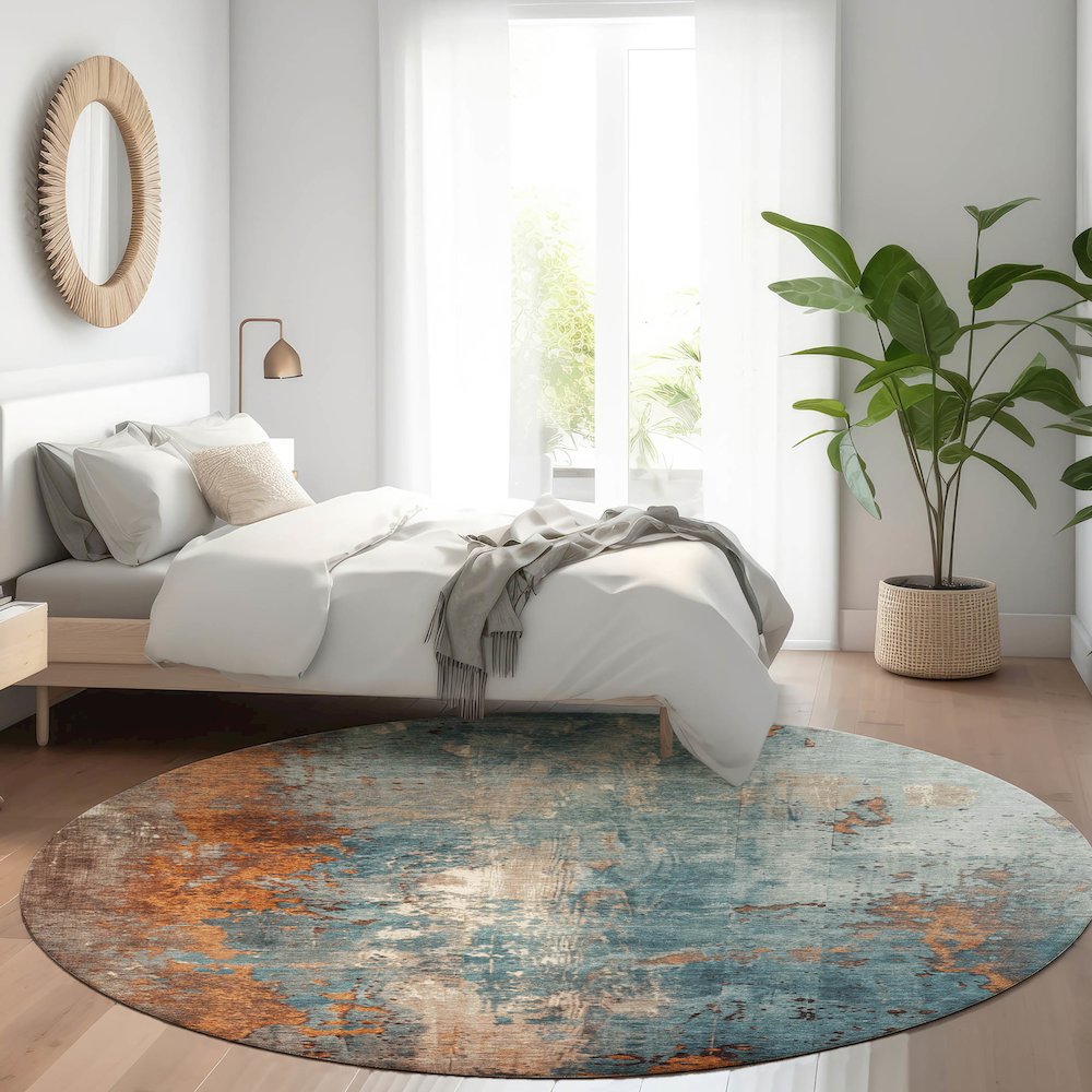Machine Washable Indoor/Outdoor Chantille Teal 8' x 8' Round Rug. Picture 5