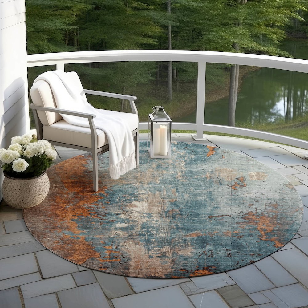 Machine Washable Indoor/Outdoor Chantille Teal 8' x 8' Round Rug. Picture 6