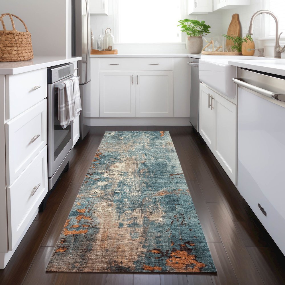 Machine Washable Indoor/Outdoor Chantille Teal 2'3" x 7'6" Runner Rug. Picture 5