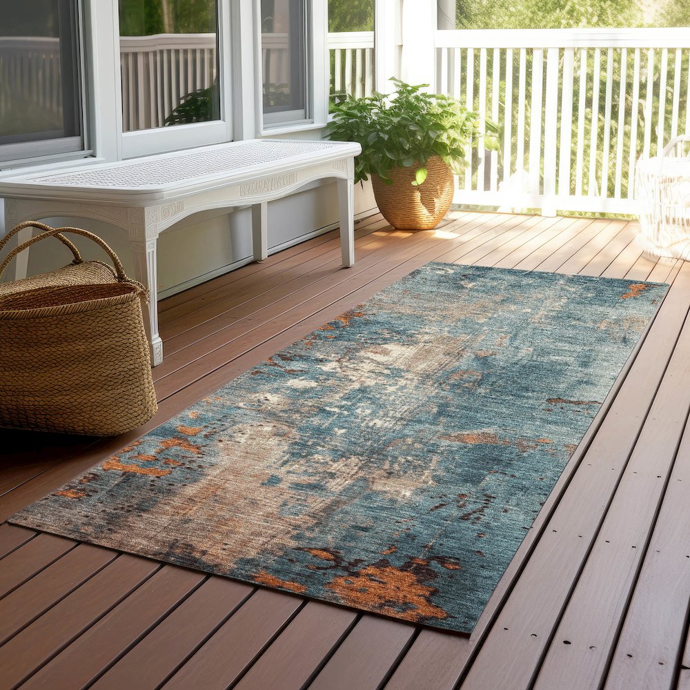 Machine Washable Indoor/Outdoor Chantille Teal 2'3" x 7'6" Runner Rug. Picture 6