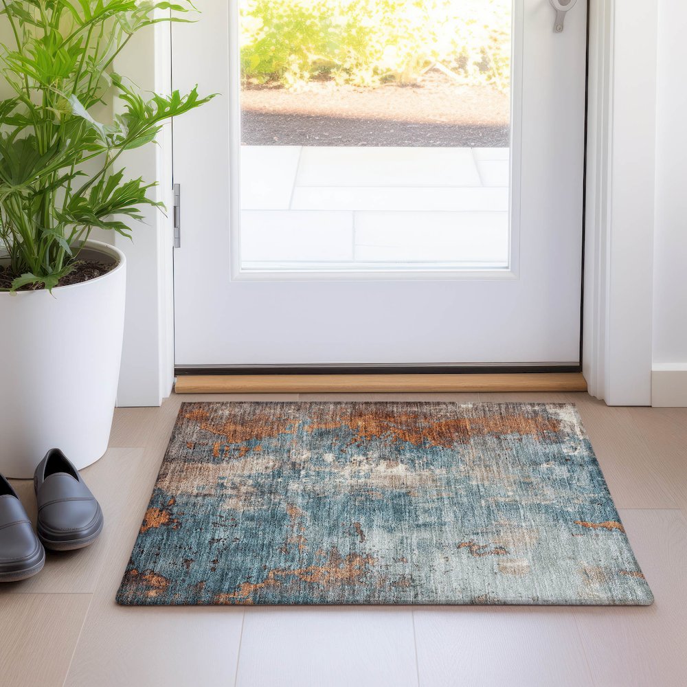 Machine Washable Indoor/Outdoor Chantille Teal 1'8" x 2'6" Rug. Picture 5