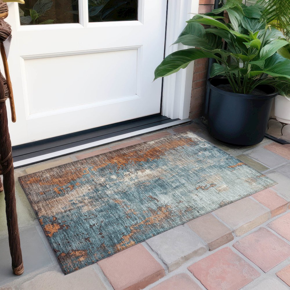 Machine Washable Indoor/Outdoor Chantille Teal 1'8" x 2'6" Rug. Picture 6