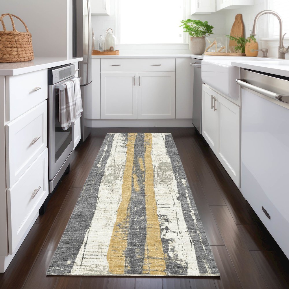Machine Washable Indoor/Outdoor Chantille Gold 2'3" x 7'6" Runner Rug. Picture 5