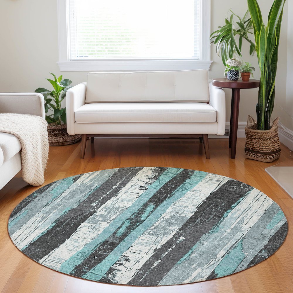 Machine Washable Indoor/Outdoor Chantille Teal 8' x 8' Round Rug. Picture 5