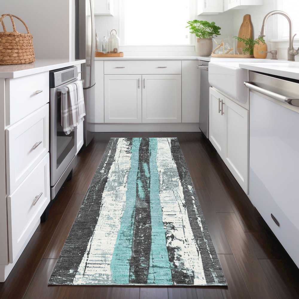 Machine Washable Indoor/Outdoor Chantille Teal 2'3" x 7'6" Runner Rug. Picture 5