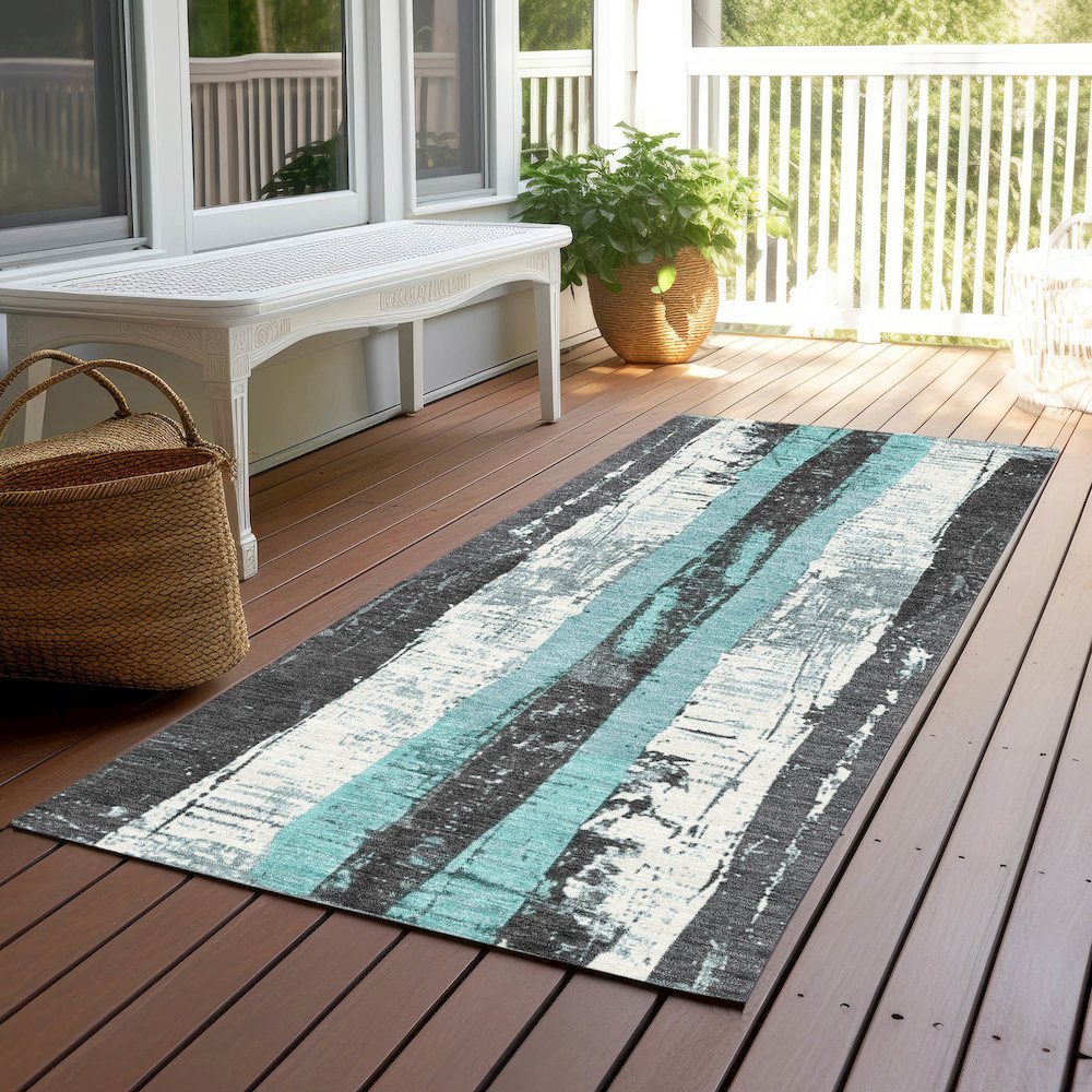 Machine Washable Indoor/Outdoor Chantille Teal 2'3" x 7'6" Runner Rug. Picture 6