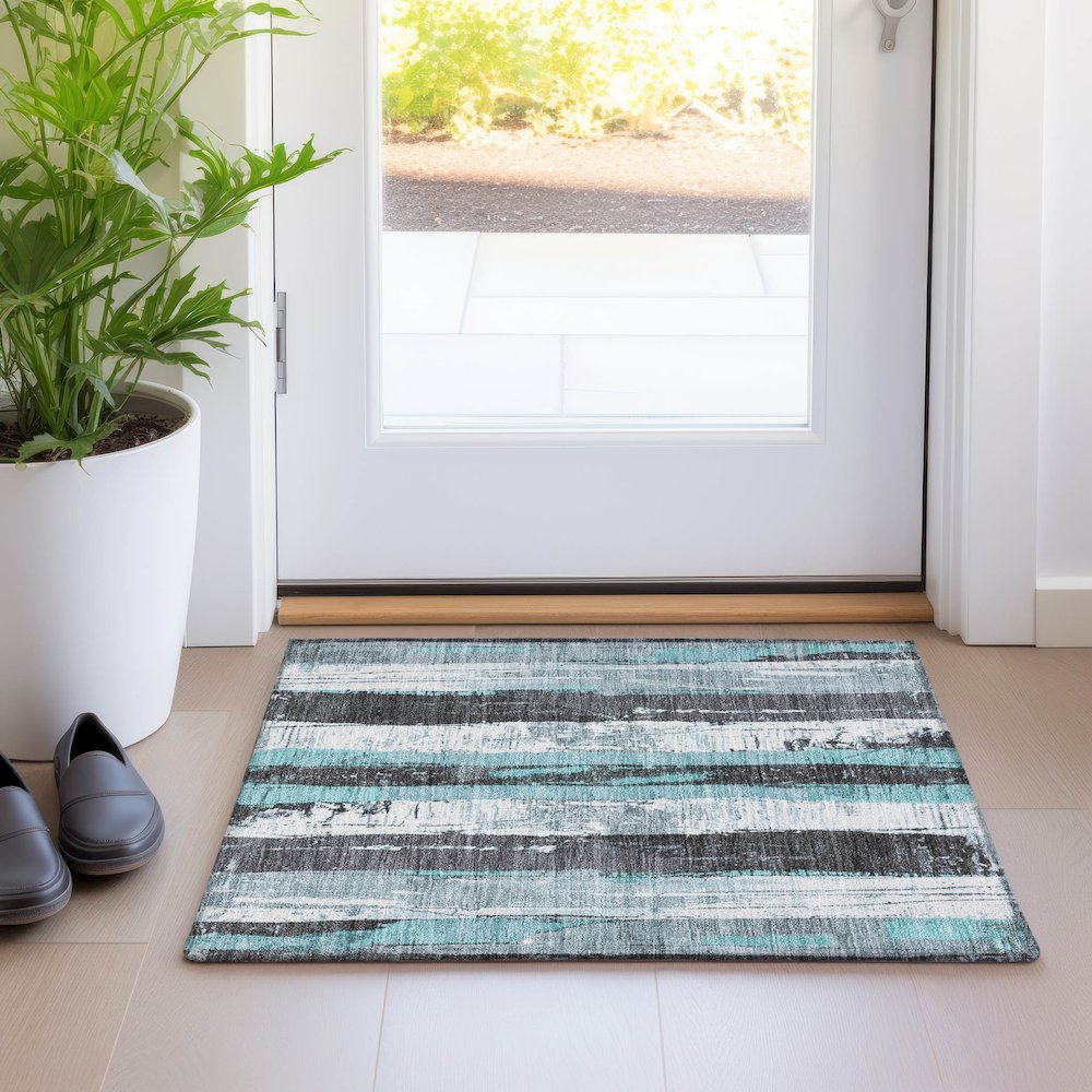 Machine Washable Indoor/Outdoor Chantille Teal 1'8" x 2'6" Rug. Picture 5