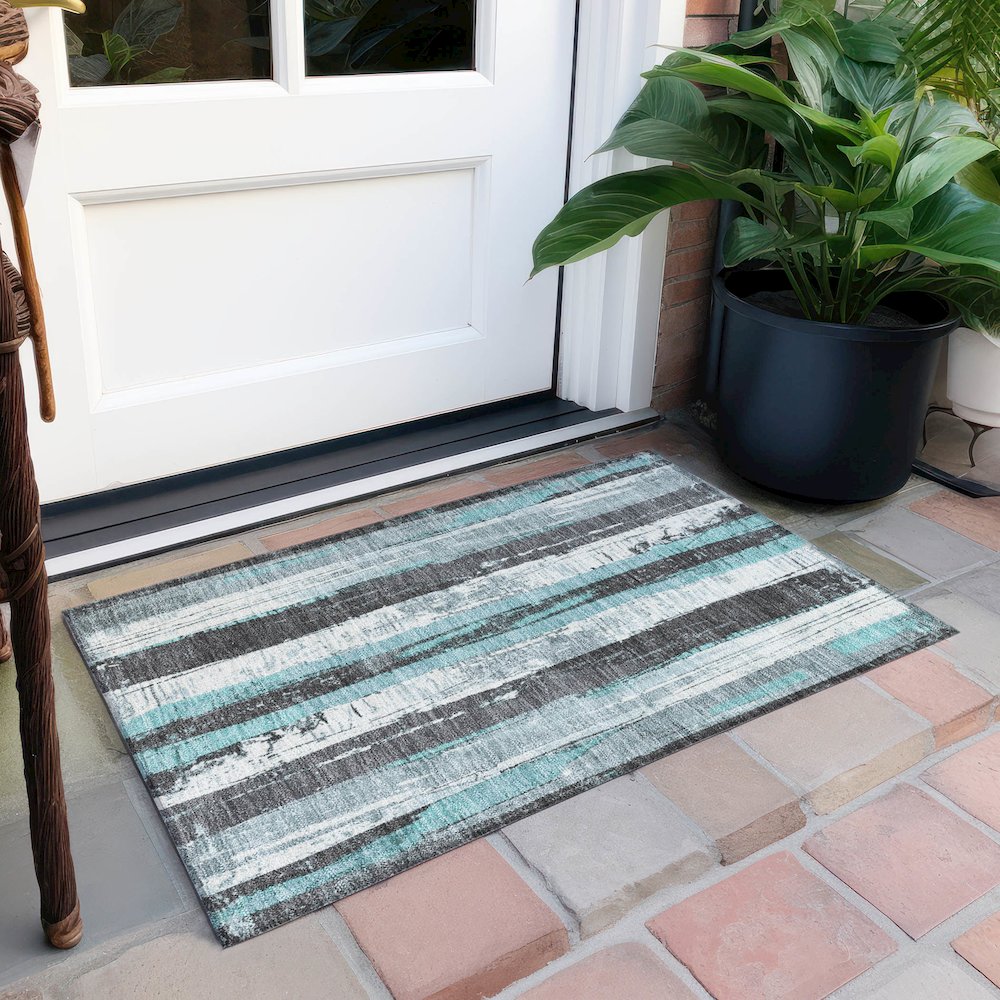 Machine Washable Indoor/Outdoor Chantille Teal 1'8" x 2'6" Rug. Picture 6