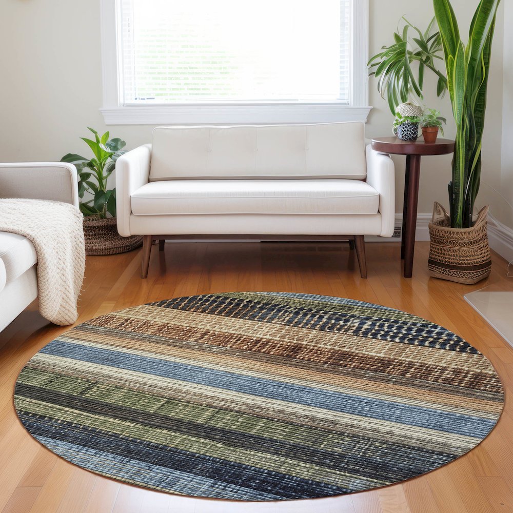 Machine Washable Indoor/Outdoor Chantille Blue 8' x 8' Round Rug. Picture 5