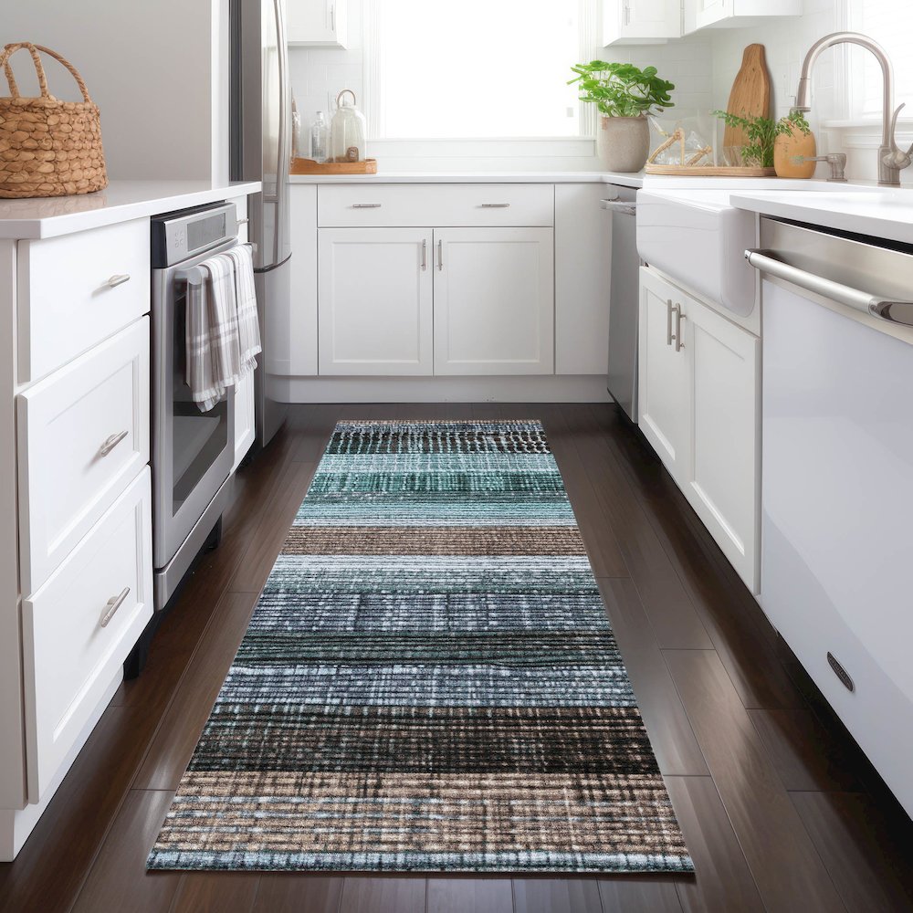 Machine Washable Indoor/Outdoor Chantille Teal 2'3" x 7'6" Runner Rug. Picture 5