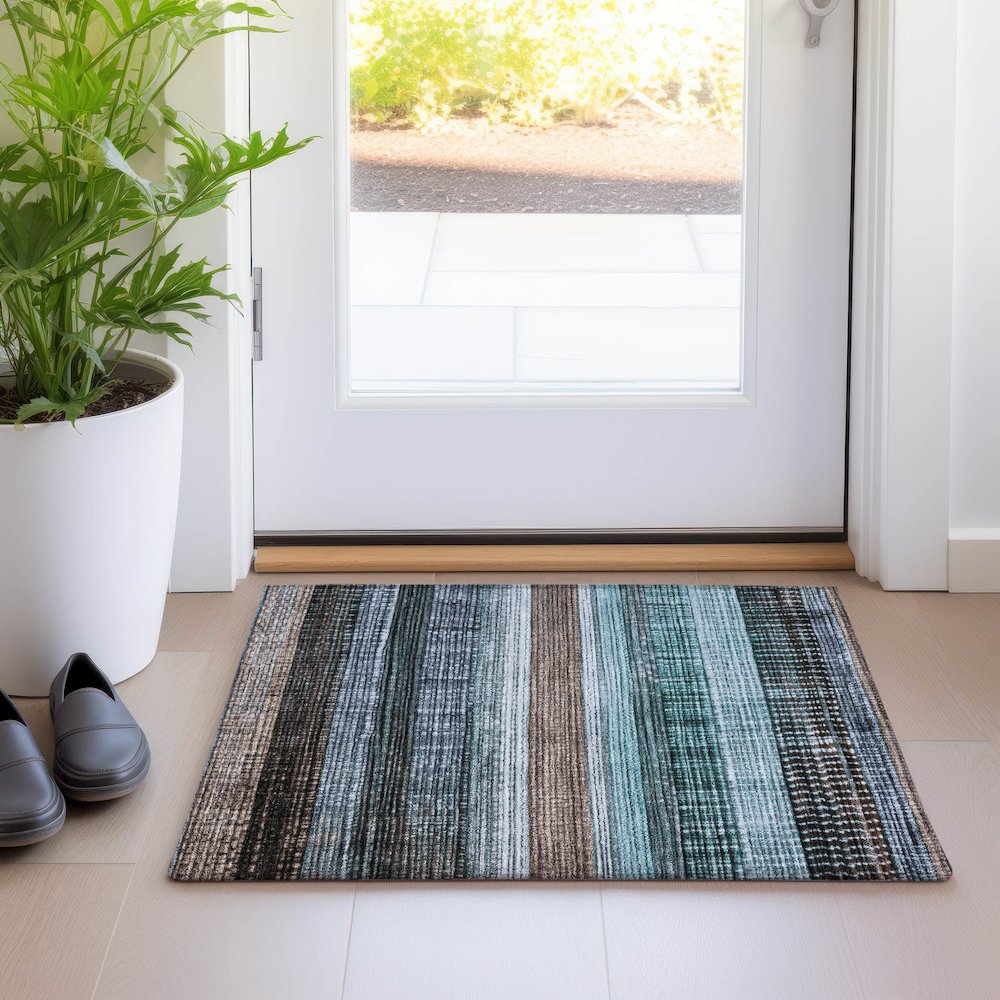 Machine Washable Indoor/Outdoor Chantille Teal 1'8" x 2'6" Rug. Picture 5