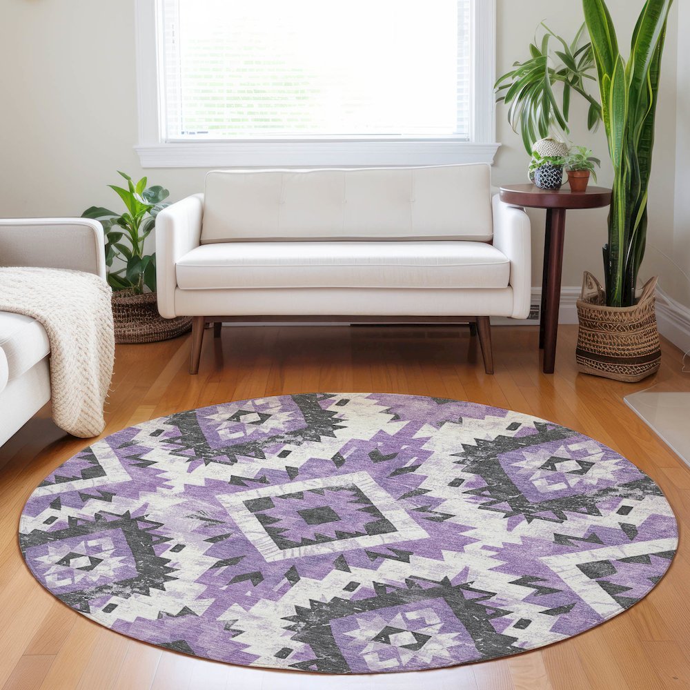 Machine Washable Indoor/Outdoor Chantille Purple 8' x 8' Round Rug. Picture 5