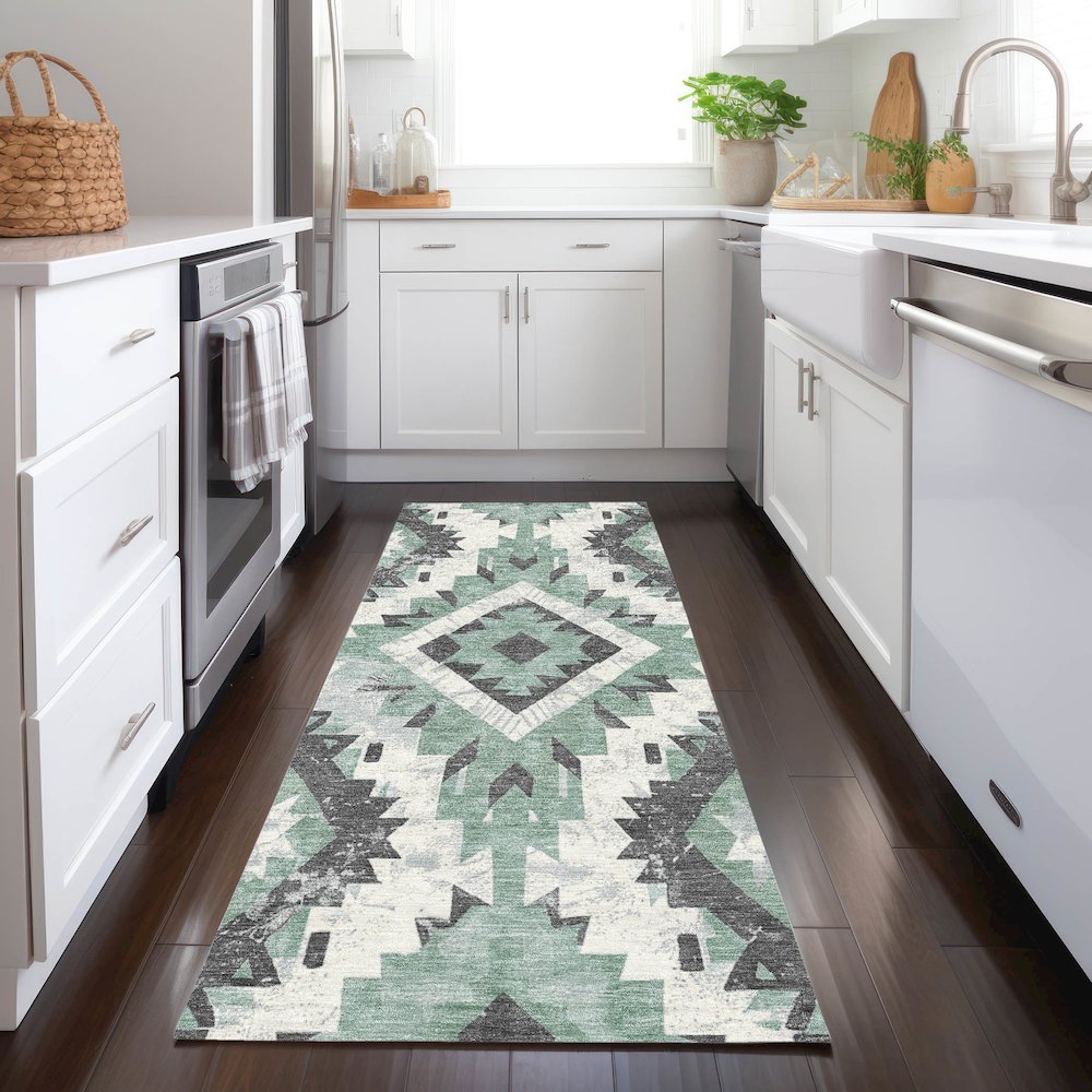 Machine Washable Indoor/Outdoor Chantille Seafoam 2'3" x 7'6" Runner Rug. Picture 5