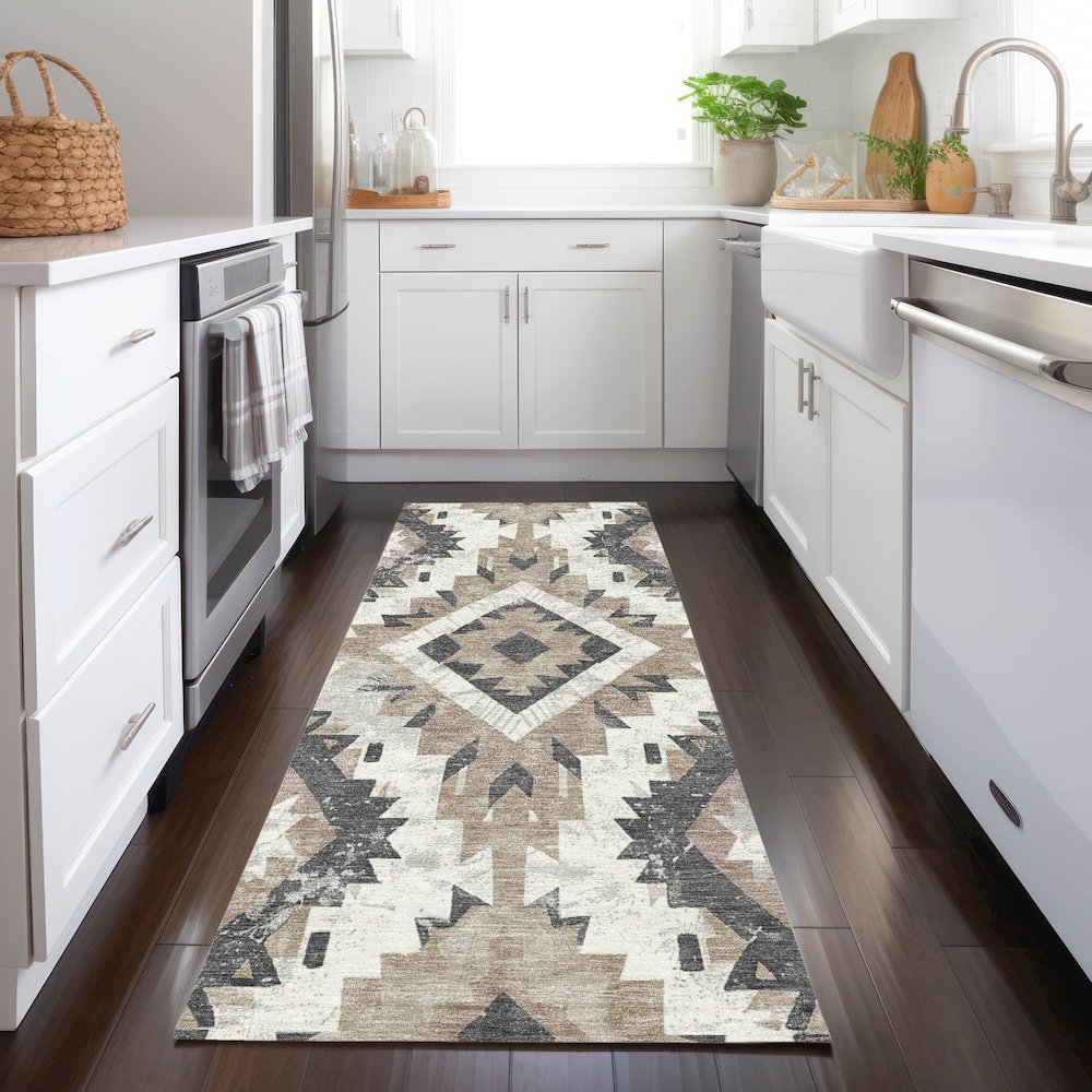 Machine Washable Indoor/Outdoor Chantille Taupe 2'3" x 7'6" Runner Rug. Picture 5