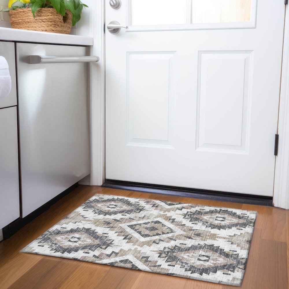 Machine Washable Indoor/Outdoor Chantille Taupe 1'8" x 2'6" Rug. Picture 5