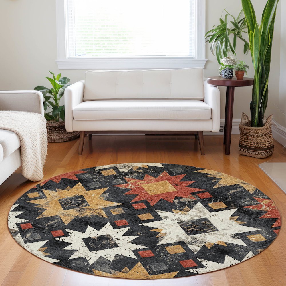 Machine Washable Indoor/Outdoor Chantille Black 8' x 8' Round Rug. Picture 5