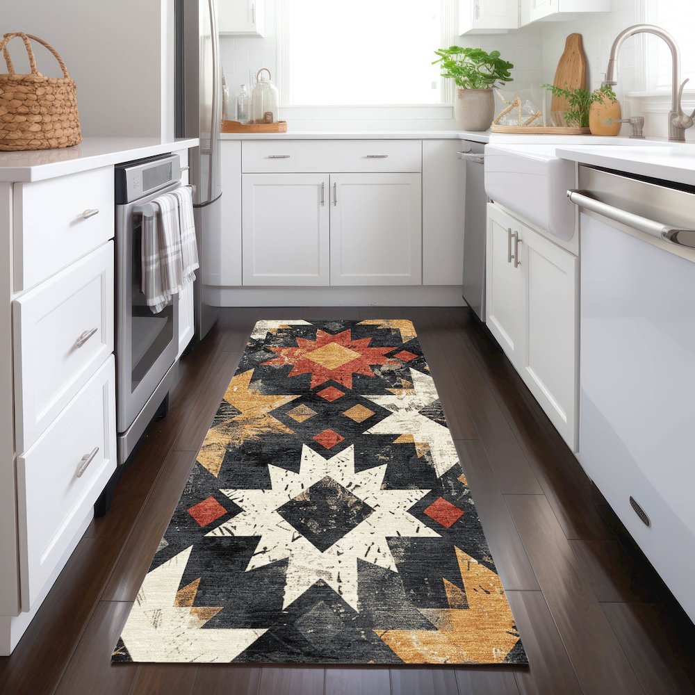 Machine Washable Indoor/Outdoor Chantille Black 2'3" x 7'6" Runner Rug. Picture 5