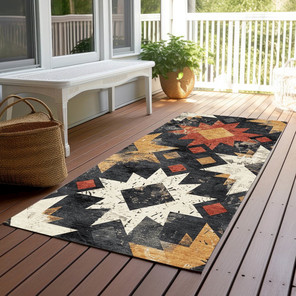 Machine Washable Indoor/Outdoor Chantille Black 2'3" x 7'6" Runner Rug. Picture 6