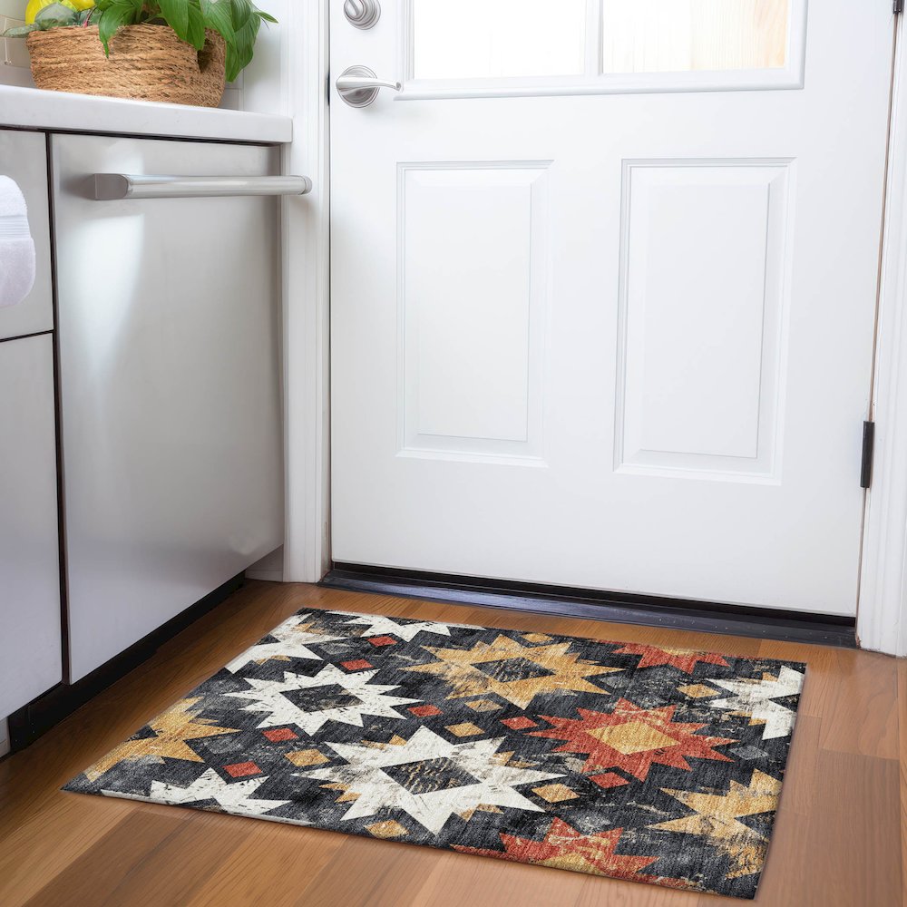 Machine Washable Indoor/Outdoor Chantille Black 1'8" x 2'6" Rug. Picture 5