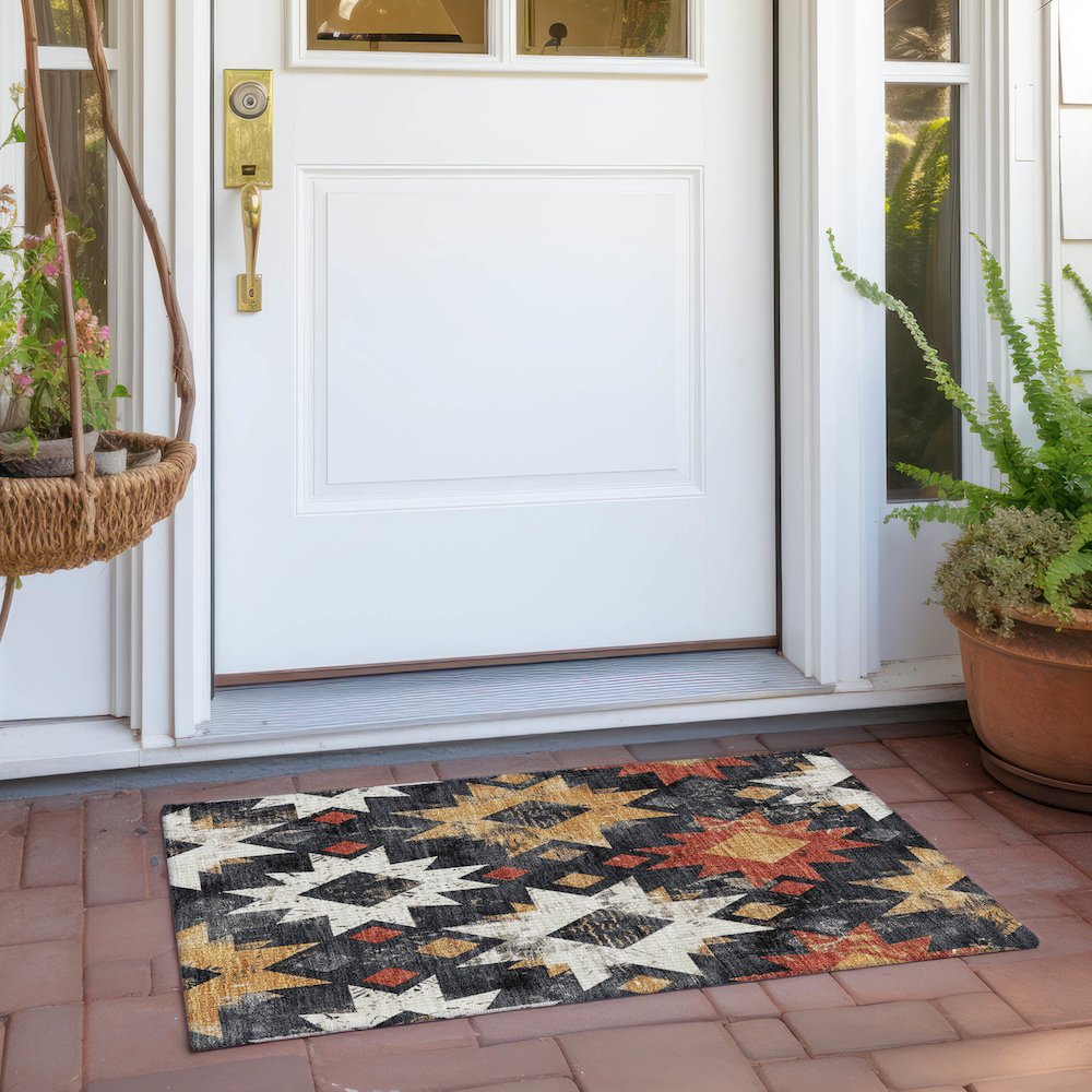 Machine Washable Indoor/Outdoor Chantille Black 1'8" x 2'6" Rug. Picture 6