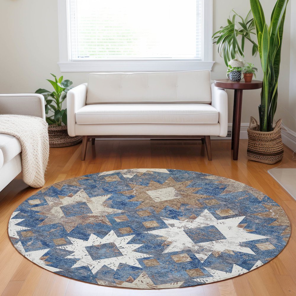 Machine Washable Indoor/Outdoor Chantille Blue 8' x 8' Round Rug. Picture 5