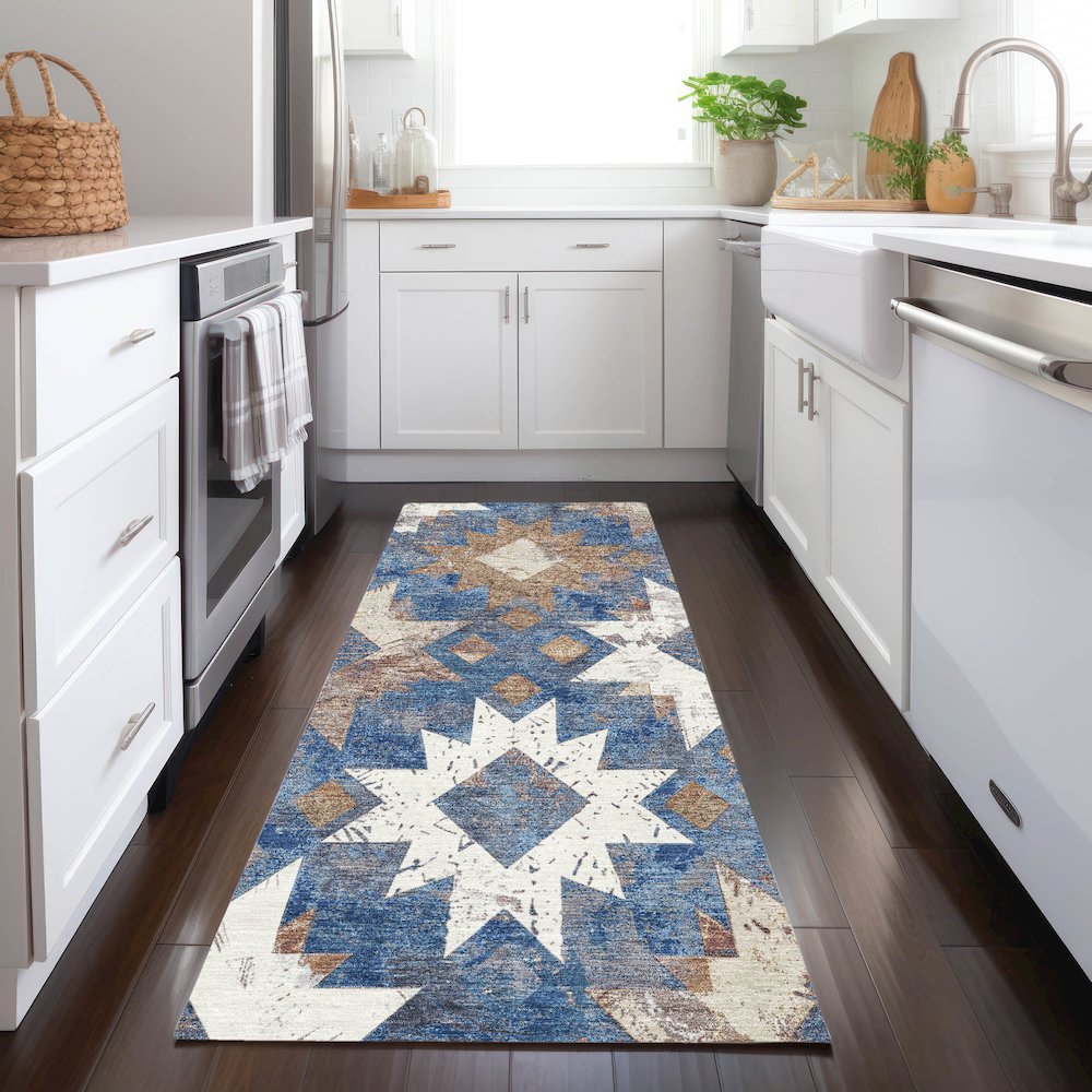 Machine Washable Indoor/Outdoor Chantille Blue 2'3" x 7'6" Runner Rug. Picture 5