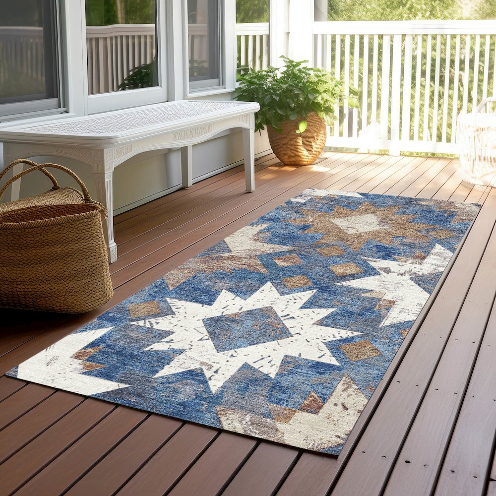 Machine Washable Indoor/Outdoor Chantille Blue 2'3" x 7'6" Runner Rug. Picture 6
